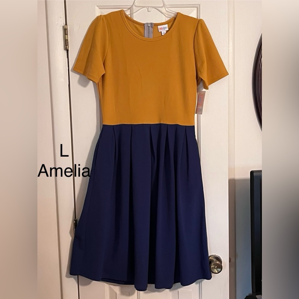 LuLaRoe Amelia Mustard and Navy Dress